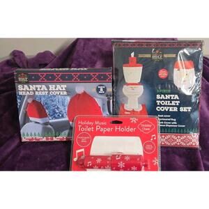 3 Pc Set Santa Toilet Cover, Santa Hat Car Head Rest Covers, Toilet Paper Holder